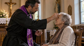 Catholic priest anointing an elderly woman with holy oil during the Anointing of the Sick in a quiet church setting.