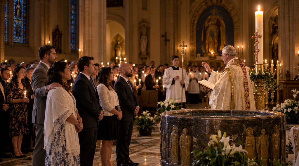 Adults stand before a priest during the Catholic Easter Vigil as the congregation holds candles beside the baptismal font.