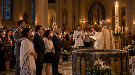 Adults stand before a priest during the Catholic Easter Vigil as the congregation holds candles beside the baptismal font.