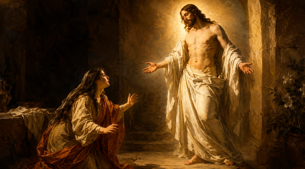 Painting of Jesus Christ in white appearing to Mary who kneels down