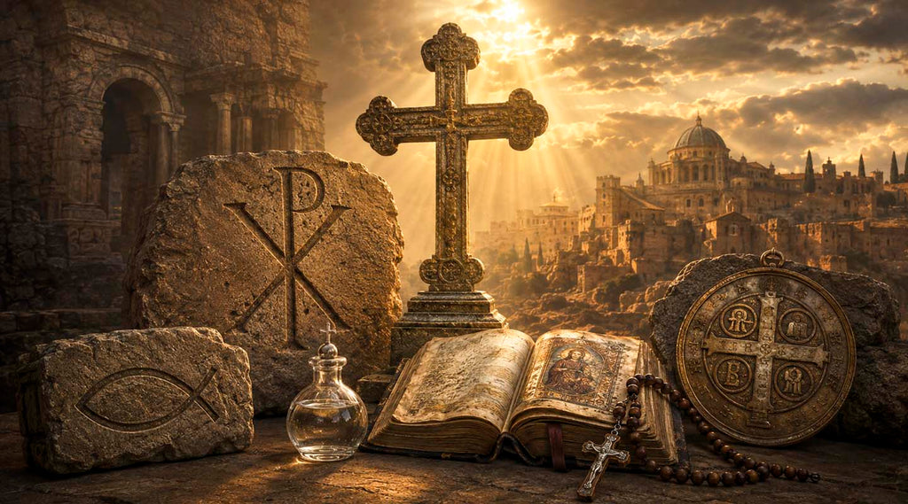 Early Christian symbols, cross, Bible, rosary, and holy water before a golden-lit Holy Land city at sunset.