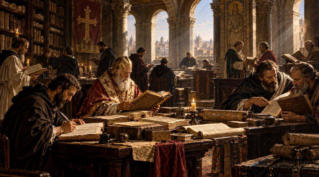Early Christian scholars and scribes preserving biblical manuscripts in a monastery library overlooking Jerusalem.