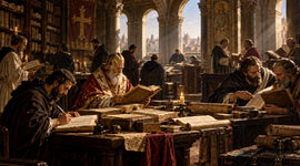 Early Christian scholars and scribes preserving biblical manuscripts in a monastery library overlooking Jerusalem.