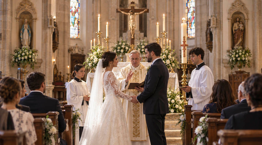 Catholic bride and groom exchange wedding vows before a priest during the Sacrament of Matrimony inside a church.