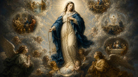 Painting of Virgin Mary on a cloud surraunded by angels holding a rosary