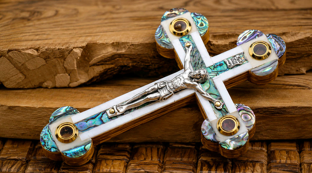 Olive Wood Crucifix with Mother of Pearl inlay and four holy elements