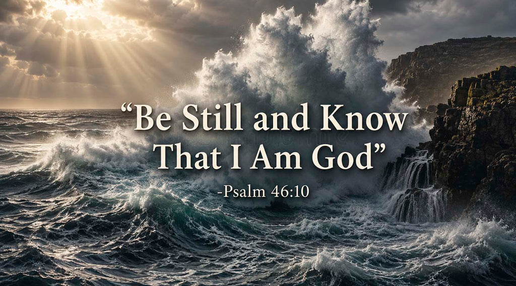 Ccean waves crash against cliffs beneath sunbeams breaking through clouds, with the Bible verse "Be Still and Know That I Am God" from Psalm 46:10