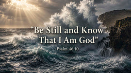 Ccean waves crash against cliffs beneath sunbeams breaking through clouds, with the Bible verse "Be Still and Know That I Am God" from Psalm 46:10