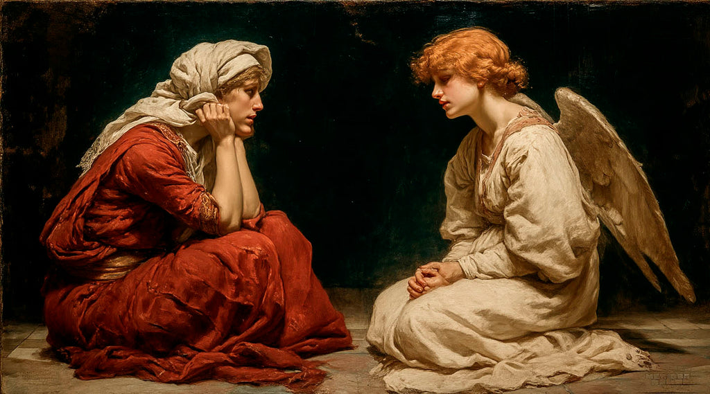 Painting of a Mary and angel Gabriel in a dark setting