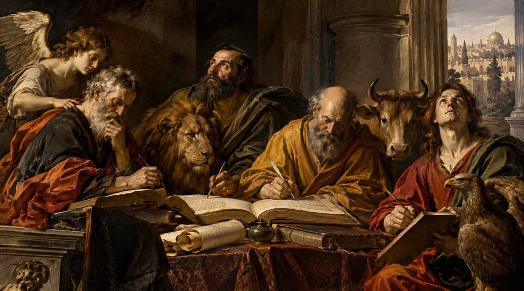 Baroque painting of the Four Evangelists writing the Gospels with their symbolic creatures overlooking Jerusalem.