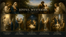 Illustrations of the Joyful Mysteries of the Rosary with religious figures and scenes.