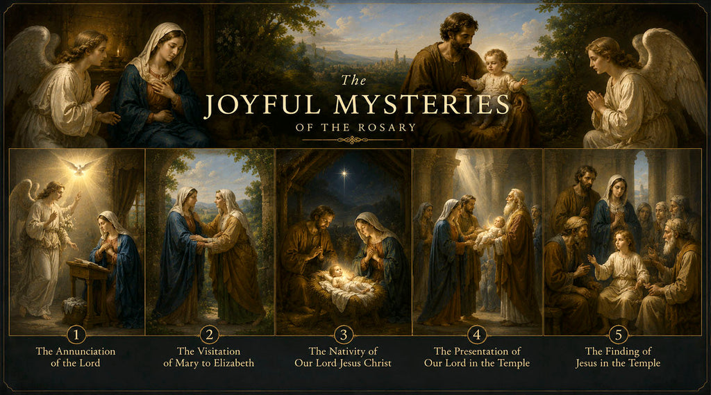 Illustrations of the Joyful Mysteries of the Rosary with religious figures and scenes.