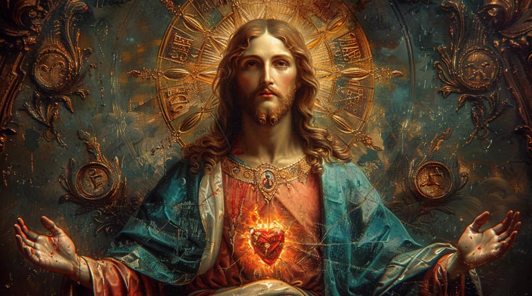 Oil painting in the style of Baroque of a portrait of the Sacred Heart of Jesus Christ with open arms and a red heart in the middle of His chest.