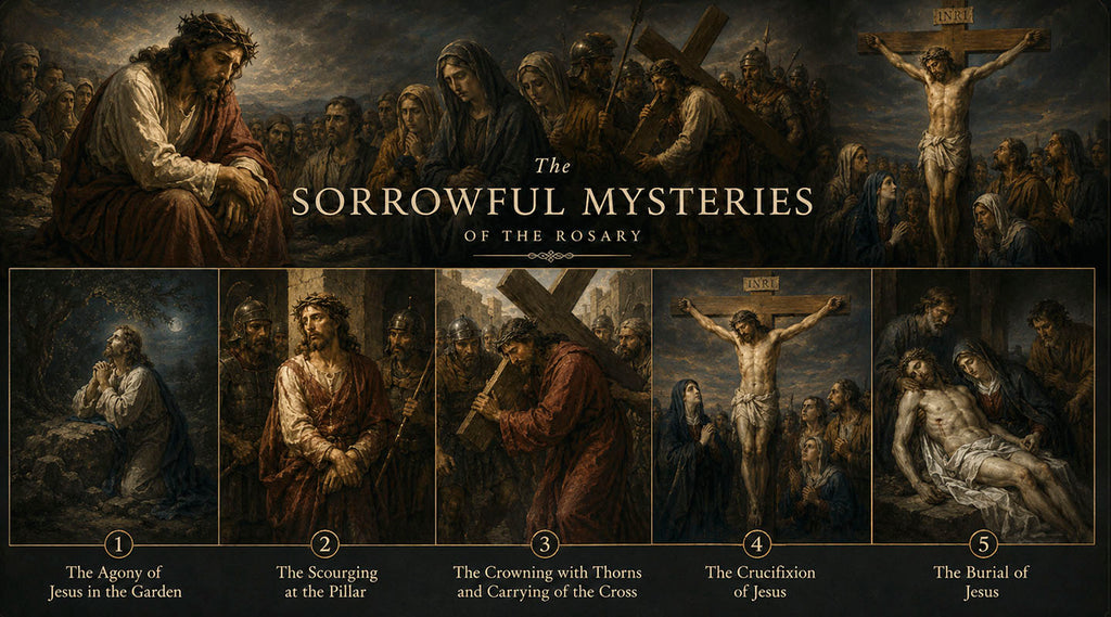 Illustration of the Sorrowful Mysteries of the Rosary with various scenes of Jesus Christ.