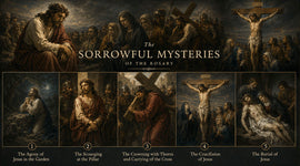 Illustration of the Sorrowful Mysteries of the Rosary with various scenes of Jesus Christ.