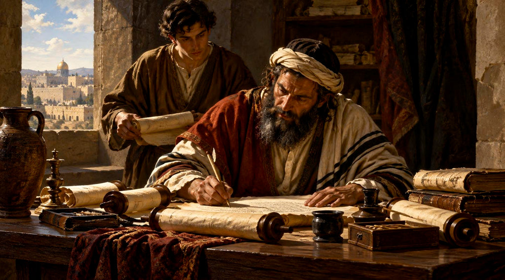 Jewish scribe in antiquity seated at a wooden table, carefully copying Scripture from an older scroll onto parchment.