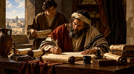 Jewish scribe in antiquity seated at a wooden table, carefully copying Scripture from an older scroll onto parchment.