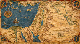 Antique map of the Holy Land showing Jerusalem, the Jordan River, the Dead Sea, the Mediterranean, and biblical regions.