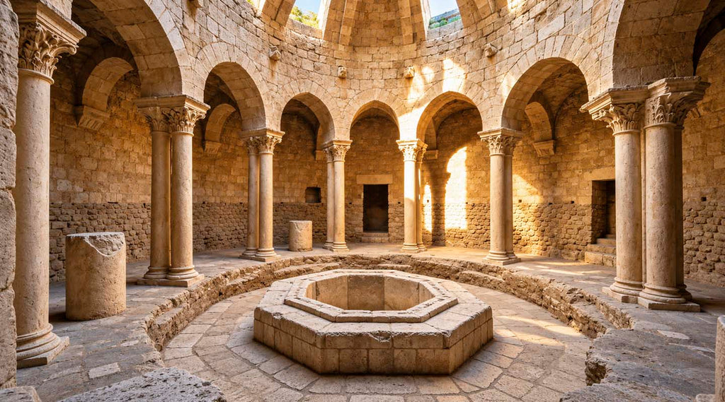 Ancient Christian baptismal font symbolizing the baptismal origins of the Apostles' Creed