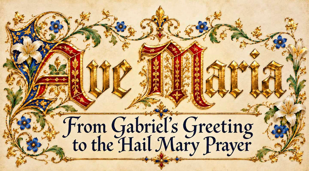 Illuminated Ave Maria lettering with floral decorations and the subtitle From Gabriel's Greeting to the Hail Mary Prayer