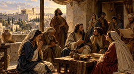Early Christians praying and studying together in Jerusalem, with the Second Temple visible in the background.