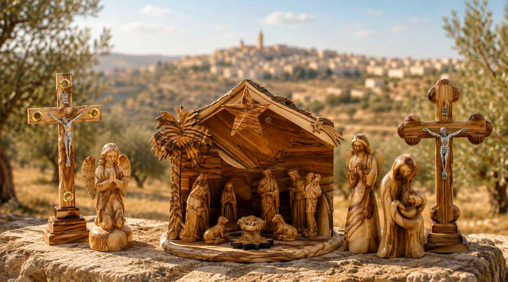 Handcrafted olive wood Nativity scene, crucifixes, and Holy Family figures displayed outdoors with Bethlehem on the hills in the background