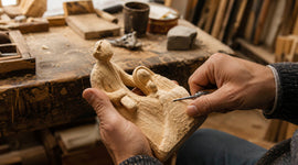 Artisan hand-carving an olive wood nativity scene in a Bethlehem workshop using traditional woodworking techniques.