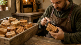 Man polishimng olive wood boxes in an workshop
