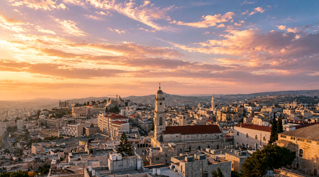 Aerial view of Church of Nativity in Bethlehem at sunrise