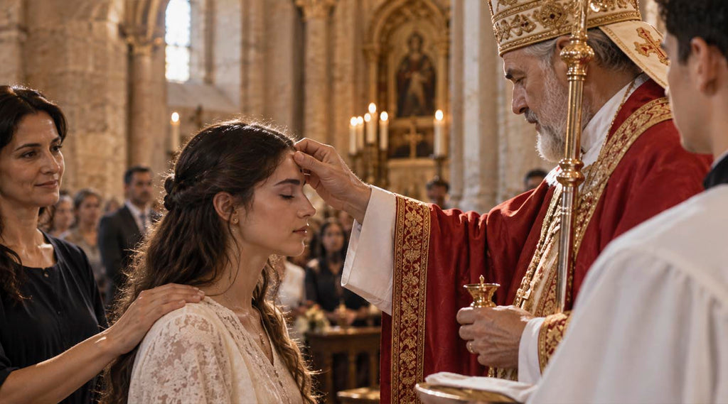 Catholic bishop anointing a Confirmation candidate with sacred chrism