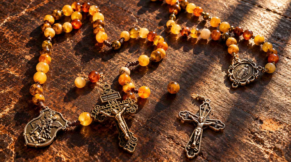 Broken olive wood rosary with scattered beads and crucifix on a wooden table