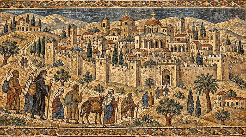 Byzantine-style mosaic depicting Christian Jerusalem, churches and pilgrims in the Holy Land