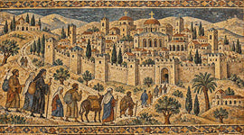 Byzantine-style mosaic depicting Christian Jerusalem, churches and pilgrims in the Holy Land