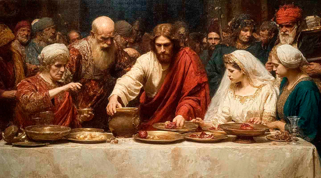 Oil painting of Jesus Christ in Cana wedding converting water into wine.