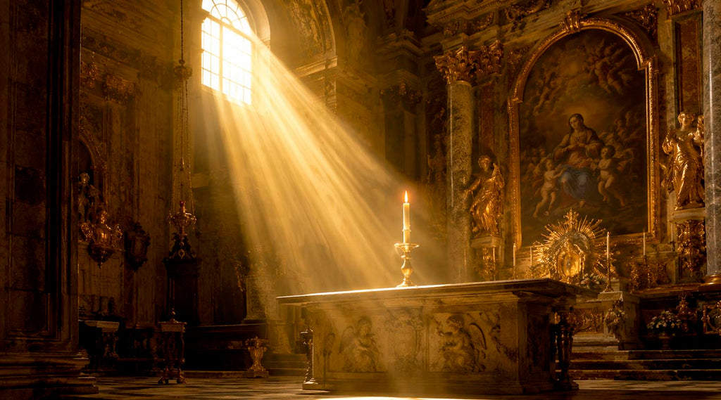 Rays of light descending through a cathedral window onto an altar with a lit candle