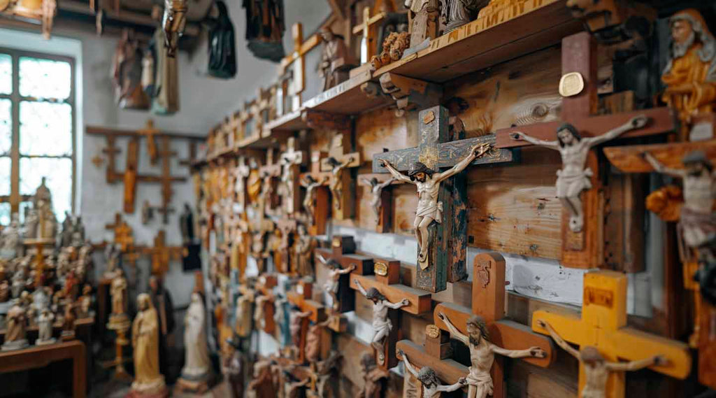 Wall full of crosses and crucifixes from Olive Wood