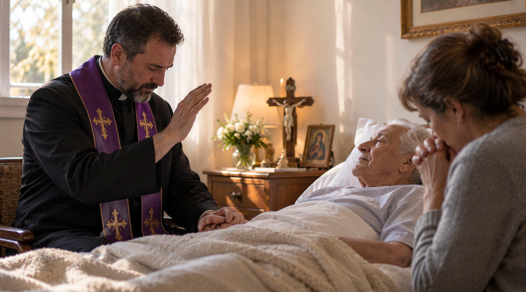 Catholic priest administers the Anointing of the Sick to an elderly patient at home as a family member prays beside the bed.
