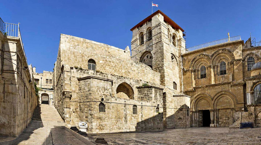 Church of the Holy Sepulchre exterior in Jerusalem with historic stone facade and entrance plaza