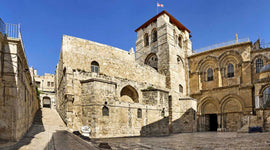 Church of the Holy Sepulchre exterior in Jerusalem with historic stone facade and entrance plaza