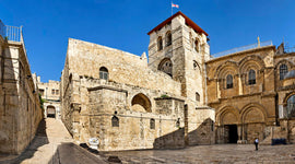 Church of the Holy Sepulchre exterior in Jerusalem with historic stone facade and entrance plaza