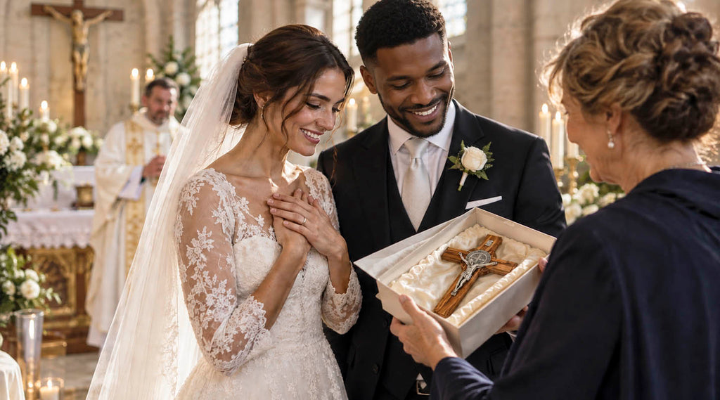 Bride and groom receive an olive wood crucifix wedding gift inside a Catholic church after their Christian wedding ceremony.