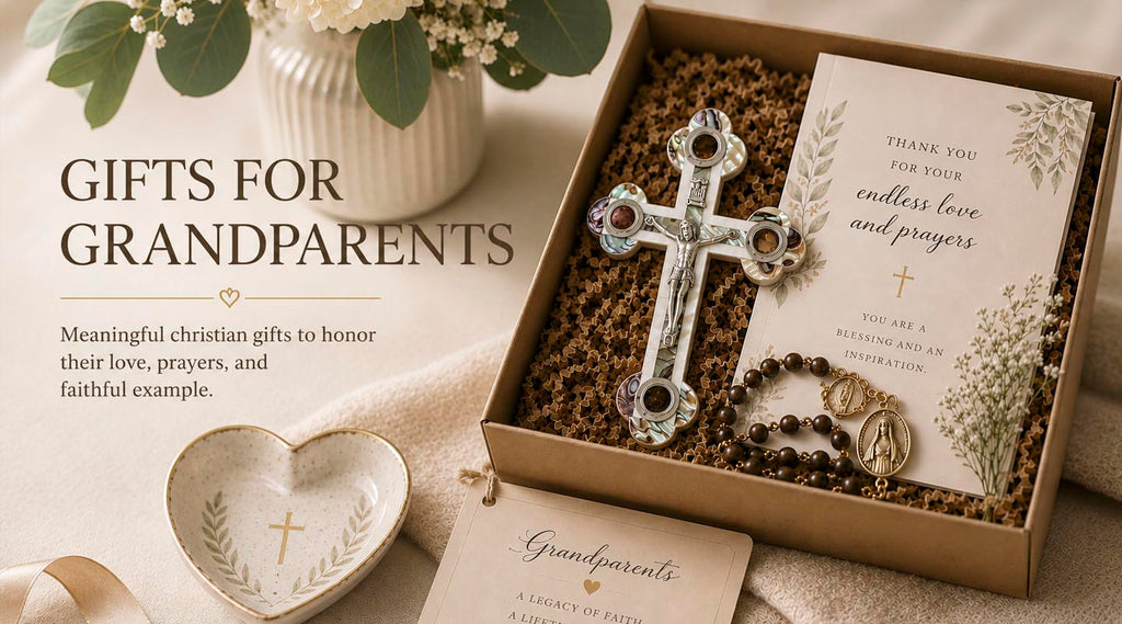 Christian Gifts for Grandparents set with a cross and Rosary and a letter in a box