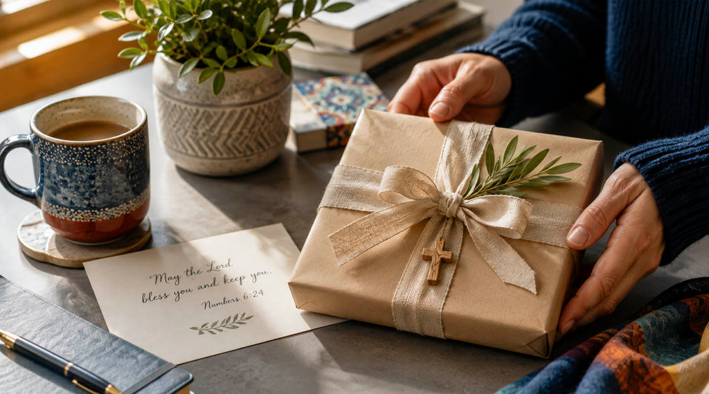 Thoughtfully wrapped Christian gift with an olive wood cross and handwritten card