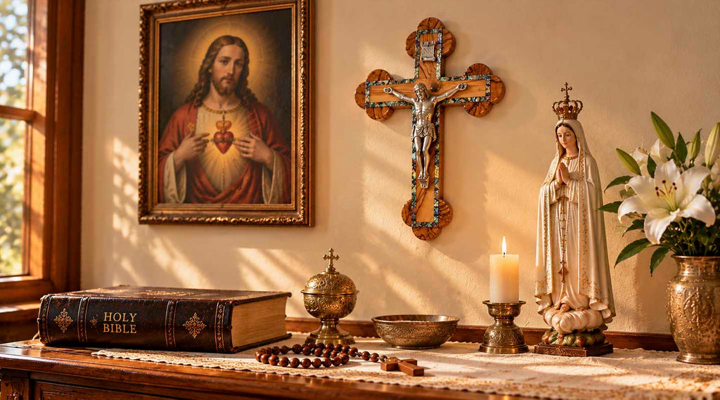 Catholic home prayer corner with an olive wood crucifix, Sacred Heart painting, Virgin Mary statue, Bible, rosary, and holy water.