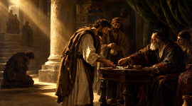 Baroque painting of a servant presenting coins to his master in Jesus' Parable of the Talents (Matthew 25).