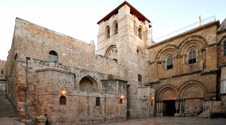 Main entrance of the Church of the Holy Sepulchre in Jerusalem during day time