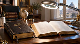 Catholic and Protestant Bibles side by side, comparing Old Testament canons in a biblical study workspace in Vatican.