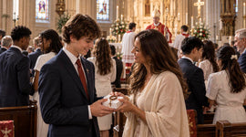 Sponsor giving a religious gift to a teenager after Catholic Confirmation