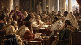 Bishops debating at the Council of Nicaea in AD 325 with Emperor Constantine present
