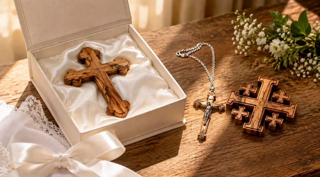 Cross, crucifix and olive wood wall cross arranged as Christian milestone gifts